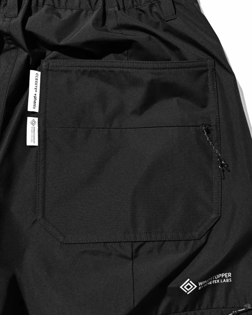 Detailed view of the black pants' side utility pocket with zippered compartment, reinforced seams, and integrated fabric loop for added functional