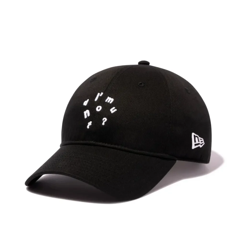Black New Era "I'm Donut?" dad cap isolated on a white background, highlighting the curved brim, white embroidered "I'm Donut?" graphic, and embroidered New Era flag logo