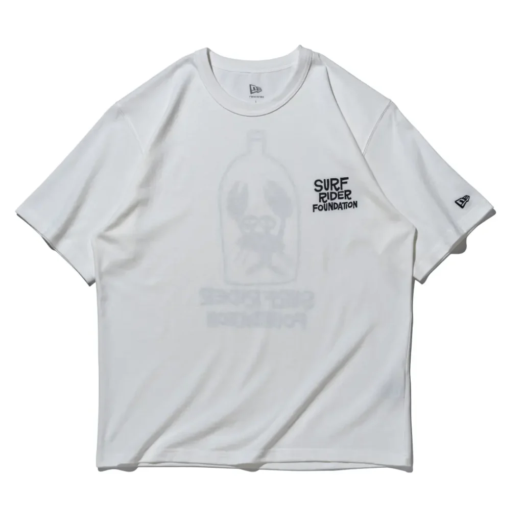 White Tee with subtle oversized bottle graphic and small black Surf Rider Foundation chest logo on the left side