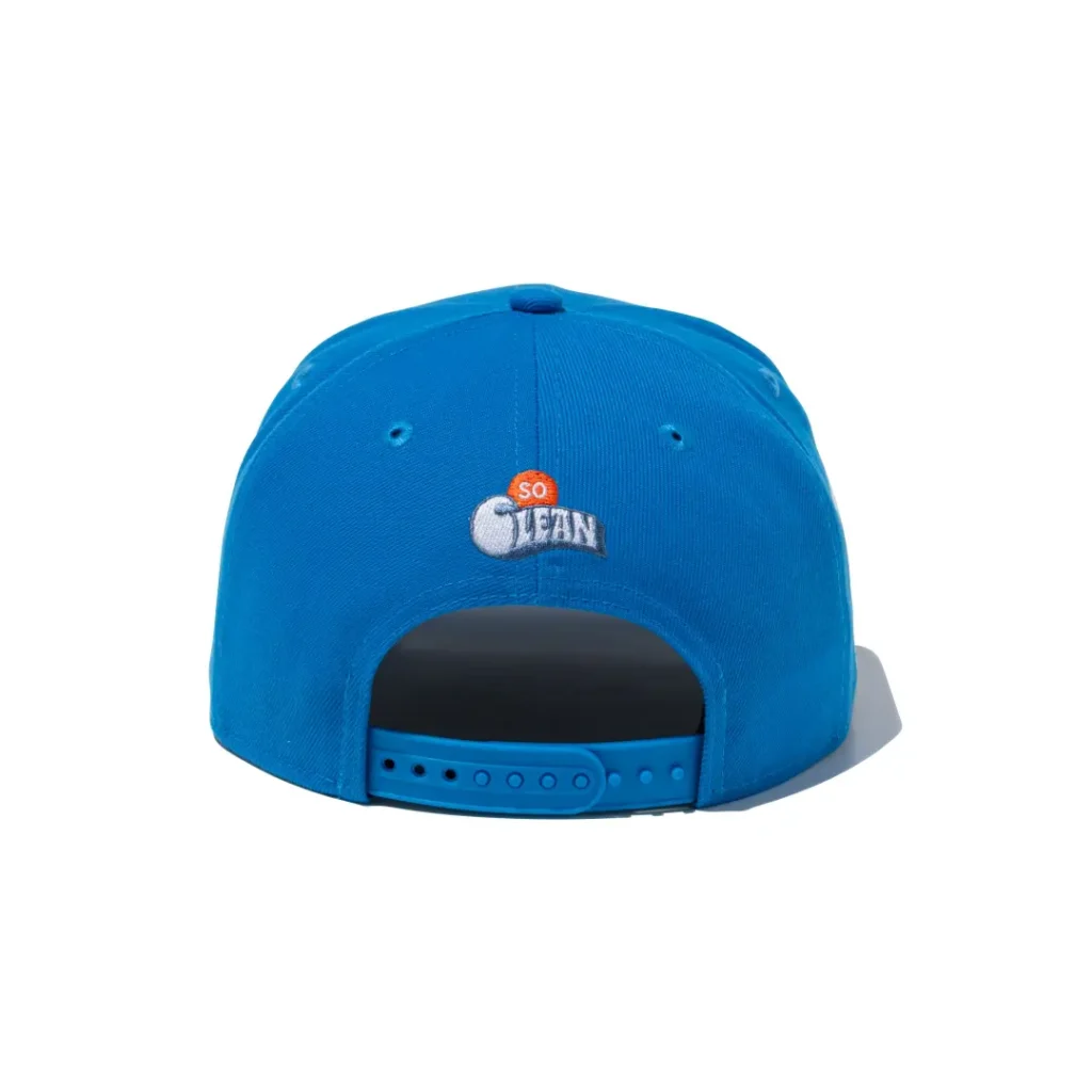 Bright blue snapback rear view with orange and white "SO CLEAN" embroidery centered above the adjustable snap closure