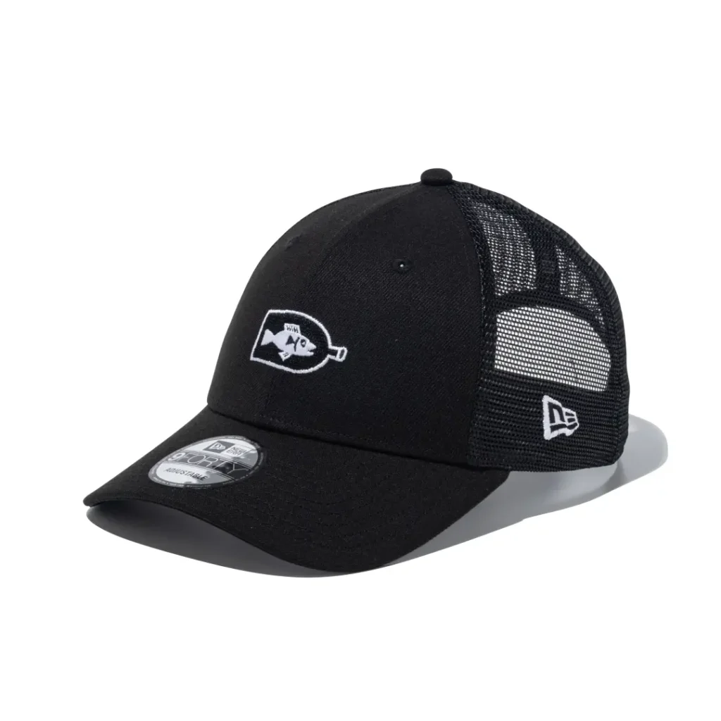 Black mesh trucker cap with a minimalist bottle and fish embroidery on the front and mesh back panel
