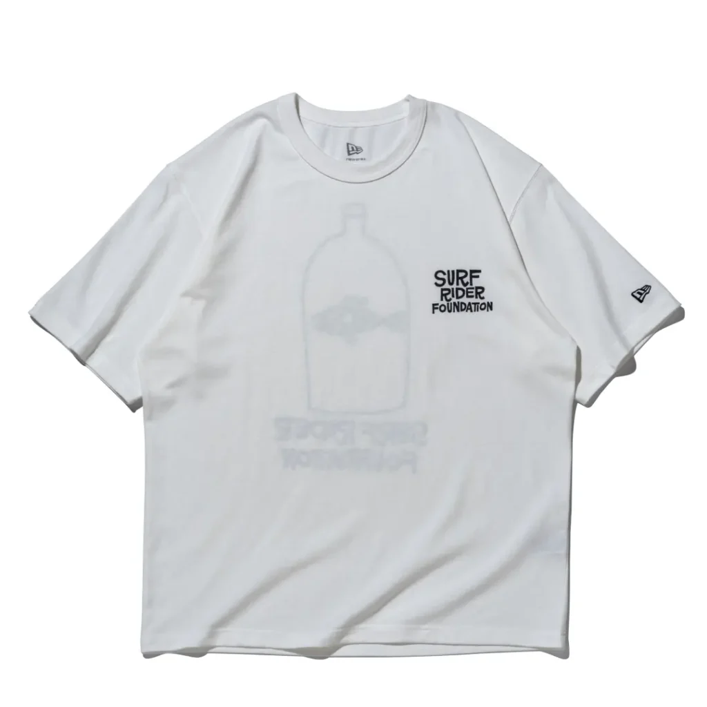 White Tee front featuring a subtle oversized bottle graphic beneath a small black Surf Rider Foundation logo on the left chest with New Era sleeve brand