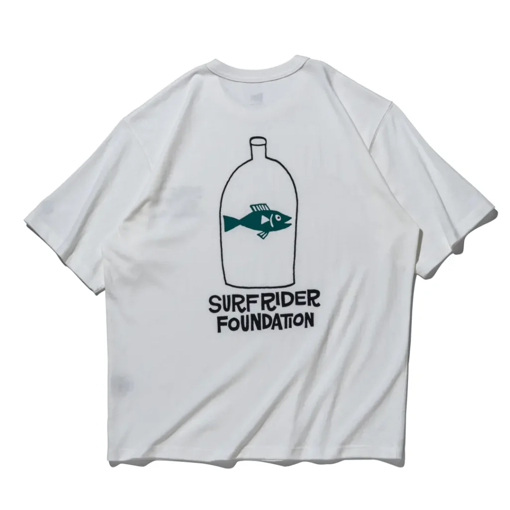 White Tee back showcasing a large bottle outline with a teal fish illustration above bold black Surf Rider Foundation brand