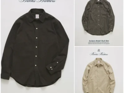 Flat-lay collage showcasing three Brooks Brothers Exclusive British Check Shirts in dark charcoal, olive check, and light beige check colorways, alongside individual product images. Each brushed flannel shirt features a relaxed silhouette, standard collar, chest pocket, white button closure, curved hem, and understated British-inspired check patterns on a clean light gray background with Brooks Brothers branding above