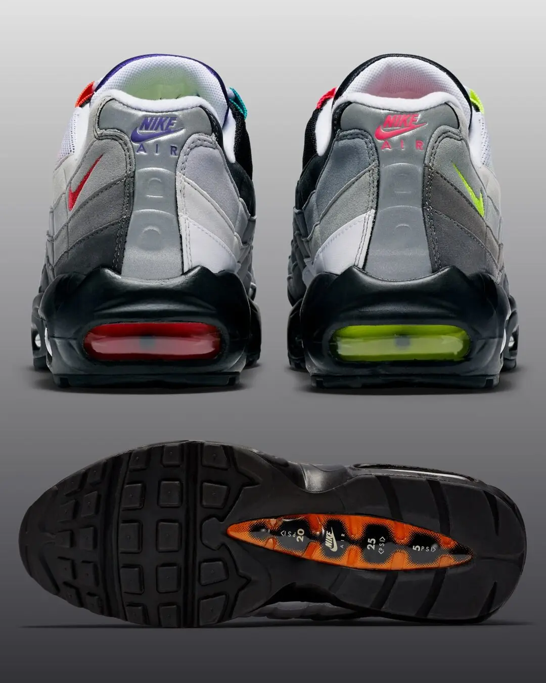Rear view and outsole of the mismatched Nike Air Max 95 'Greedy' Big Bubble, highlighting contrasting purple and pink Nike Air heel branding, red and volt Air units, reflective grey heel panels, mini Swooshes, and the black rubber outsole with orange graphic midfoot shank.