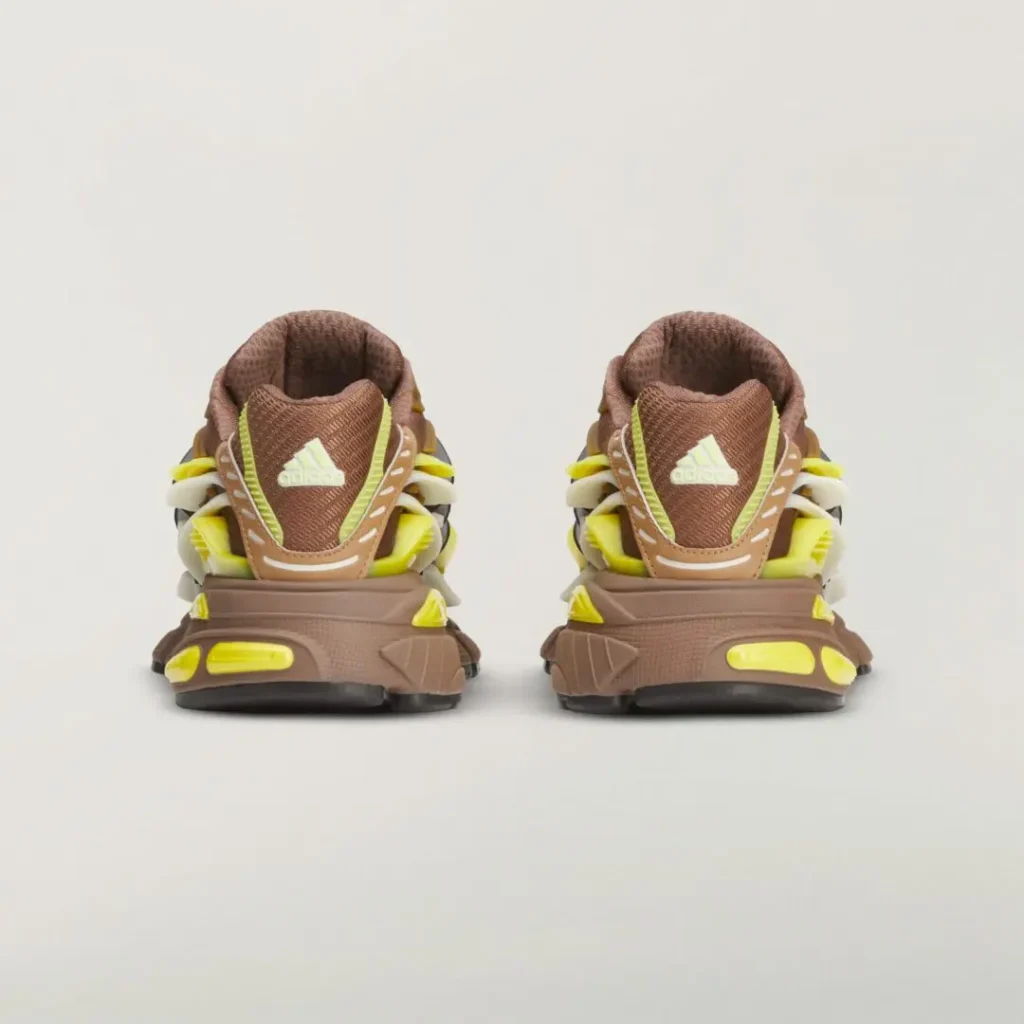 Rear view of the adidas x Ne.jelly Virginia sneakers displaying adidas heel branding, layered heel supports, neon yellow cushioning elements, and a wide sculpted mid