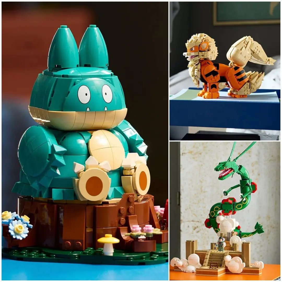 Collage showcasing three upcoming LEGO Pokémon display sets: Munchlax seated on a woodland base, Arcanine in a brick-built pose, and Rayquaza soaring above a cloud-filled scene with detailed display environments.
