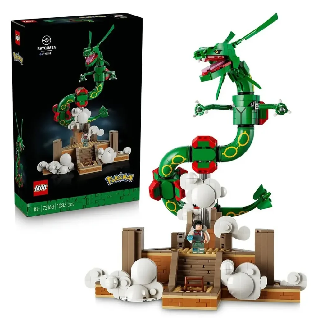 LEGO Pokémon Rayquaza display set shown with its retail box, featuring the green serpentine Legendary Pokémon coiled above a cloud-filled platform with a small trainer minifigure on a wooden dock
