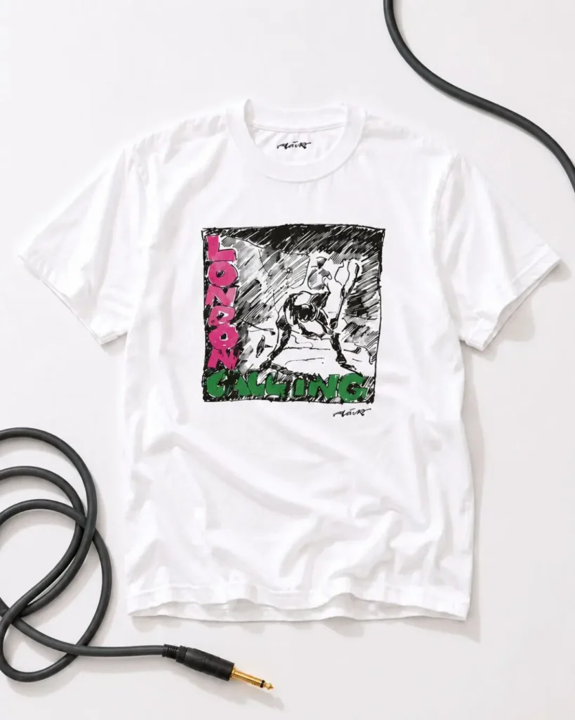 Tee shown in white, laid flat with a coiled cable curled beside it. Same sketch-style chest graphic, pink "LONDON" lettering down the left, green "CALLING" across the bottom, and a small signature logo below