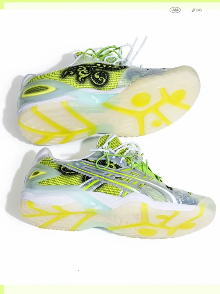 Bottom and side profile of the lime green ASICS x Lttt shoes revealing translucent yellow traction outsole, bright mesh upper, translucent support cage, and decorative black side artwork