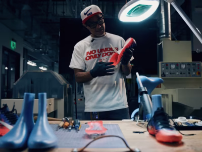 A footwear maker wearing a NASA-inspired Nike cap and "NO UNDER ONLY DOGS." T-shirt examines a completed football boot in a prototype lab surrounded by shoe lasts, tools, and manufacturing equipment