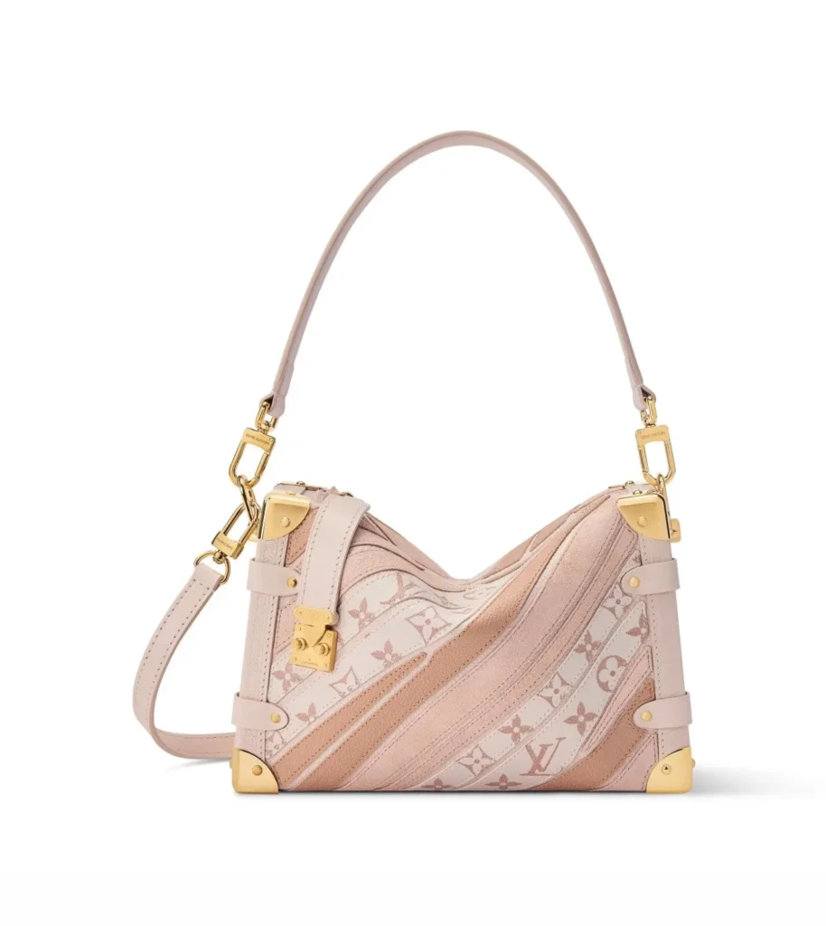 Blush pink Louis Vuitton shoulder bag featuring patchwork Monogram canvas, metallic leather panels, gold hardware, and a detachable crossbody strap