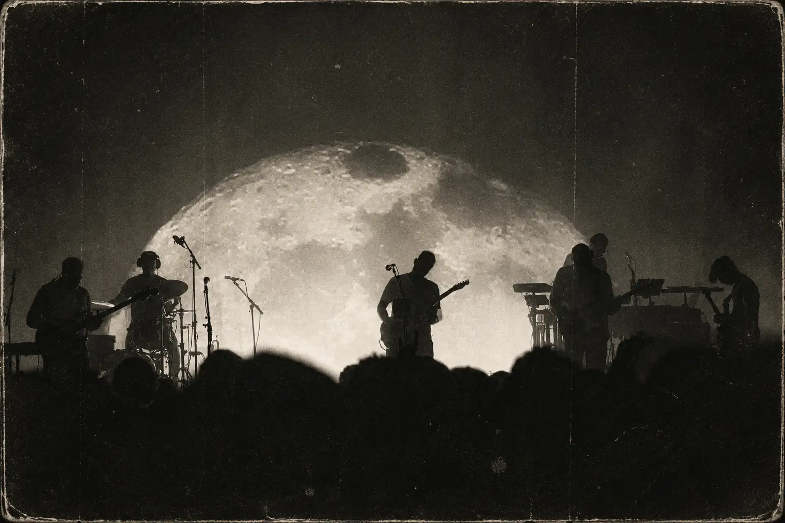 Vintage-style black-and-white photograph of American Football performing live in silhouette before a giant moon backdrop, finished with heavy film grain, scratches, and a worn 1940s print aesthetic.