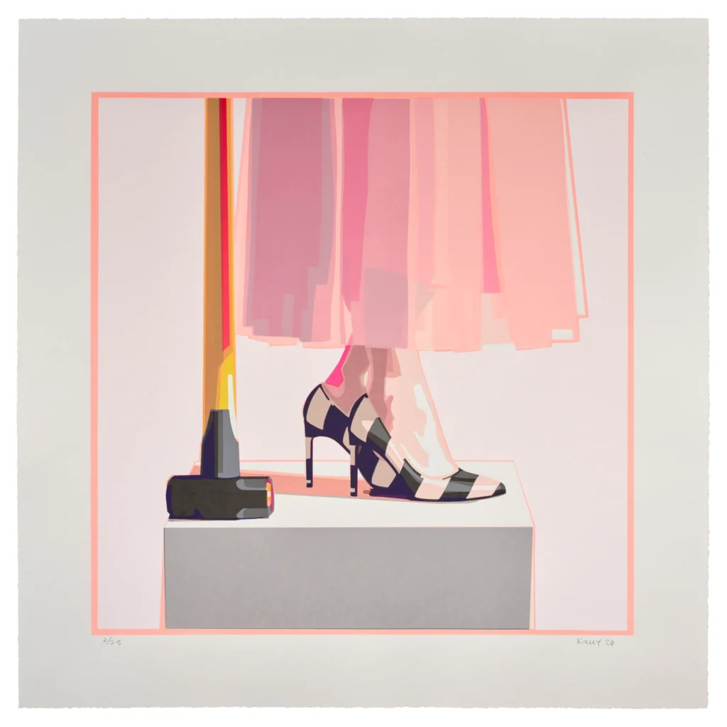 A contemporary artwork depicting the lower half of a figure standing on a white pedestal in black-and-white high-heeled shoes beneath a flowing translucent pink skirt. A black mallet rests beside the figure, while soft pink geometric framing and layered pastel tones create a minimalist composition with a gallery-like presentation on a wide white paper border