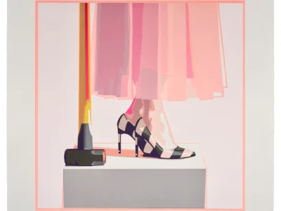 A contemporary artwork depicting the lower half of a figure standing on a white pedestal in black-and-white high-heeled shoes beneath a flowing translucent pink skirt. A black mallet rests beside the figure, while soft pink geometric framing and layered pastel tones create a minimalist composition with a gallery-like presentation on a wide white paper border