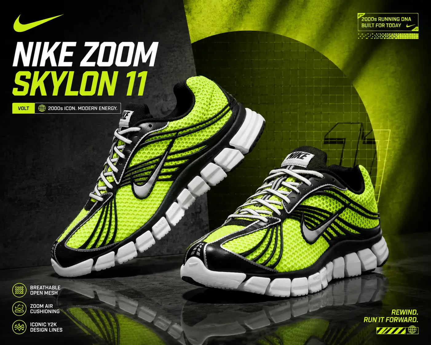 Promotional artwork for the Nike Zoom Skylon 11 'Volt' featuring two neon volt running shoes with black overlays, metallic silver Swooshes, segmented white Zoom midsoles, and a futuristic industrial backdrop inspired by early-2000s performance design.