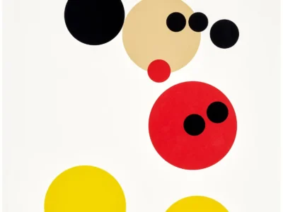 Abstract print featuring black, cream, red, and yellow circles arranged on a white background in a min geometric composition