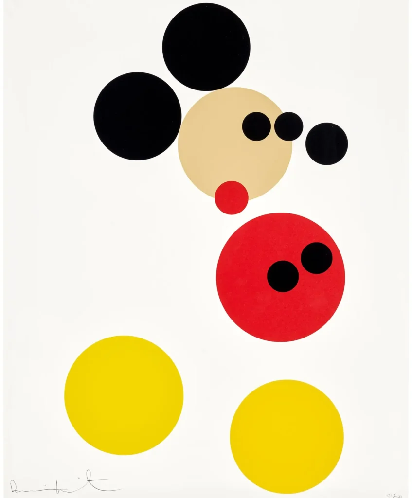 Abstract print featuring black, cream, red, and yellow circles arranged on a white background in a min geometric composition