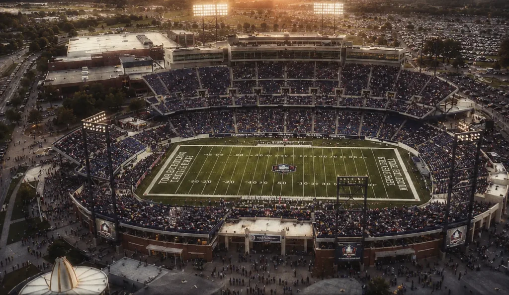 Vintage-style aerial view of a packed football stadium at sunset with warm tones, soft blur, and 1980s film grain
