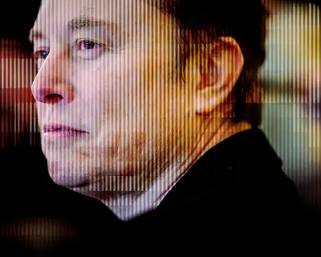 Close-up profile of Elon Musk with a serious expression, viewed through vertical scanline-like distortion against a softly blurred background, creating a stylized, digital portrait.