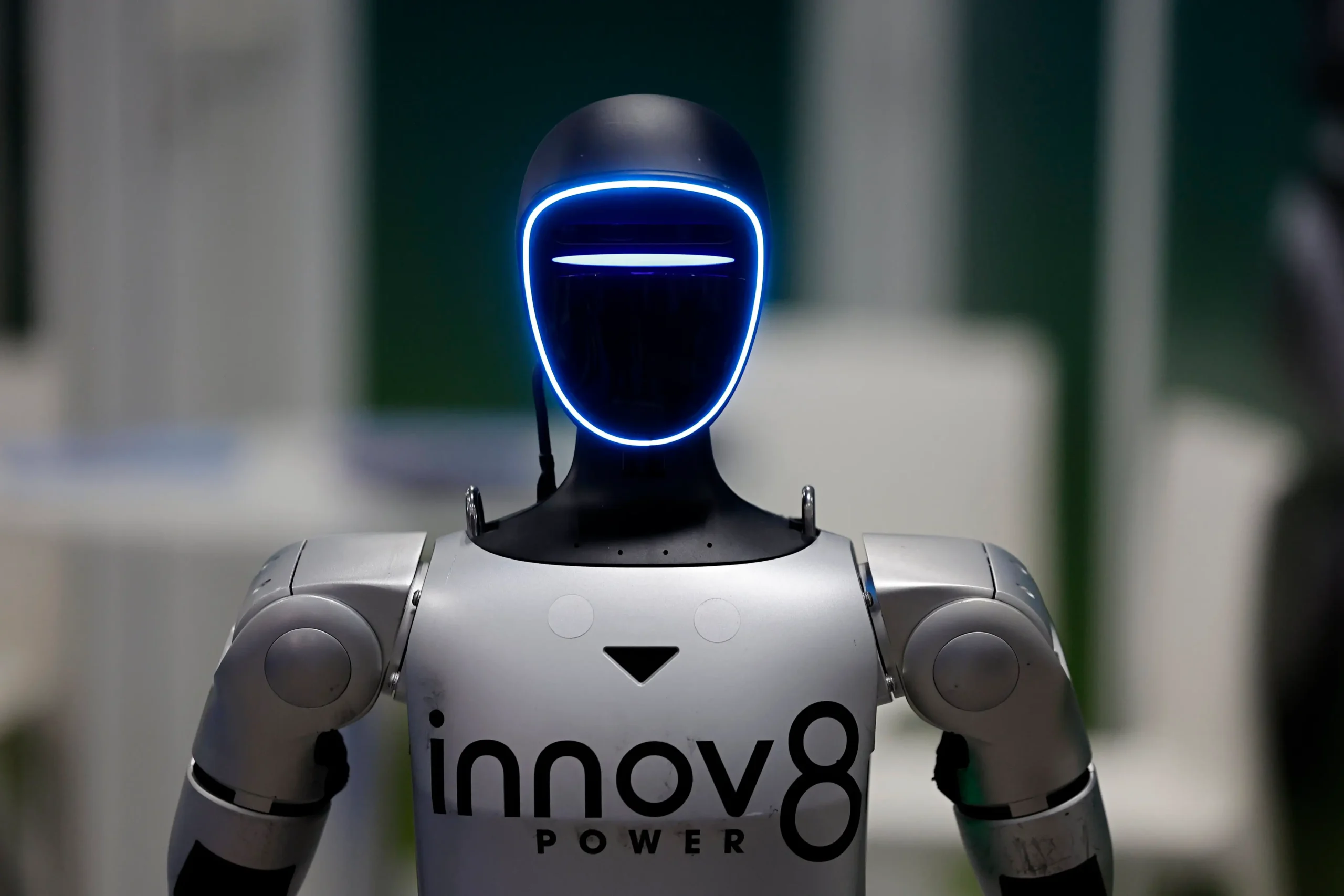 Innov8 Power humanoid robot with glowing blue LED facial display