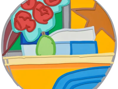 Layered laser-cut steel wall sculpture depicting a stylized still life with four red roses in a blue vase, a green pear, white tabletop, blue pillow, and warm yellow-orange geometric background, rendered in bold Pop Art-inspired tinctures and dimensional form