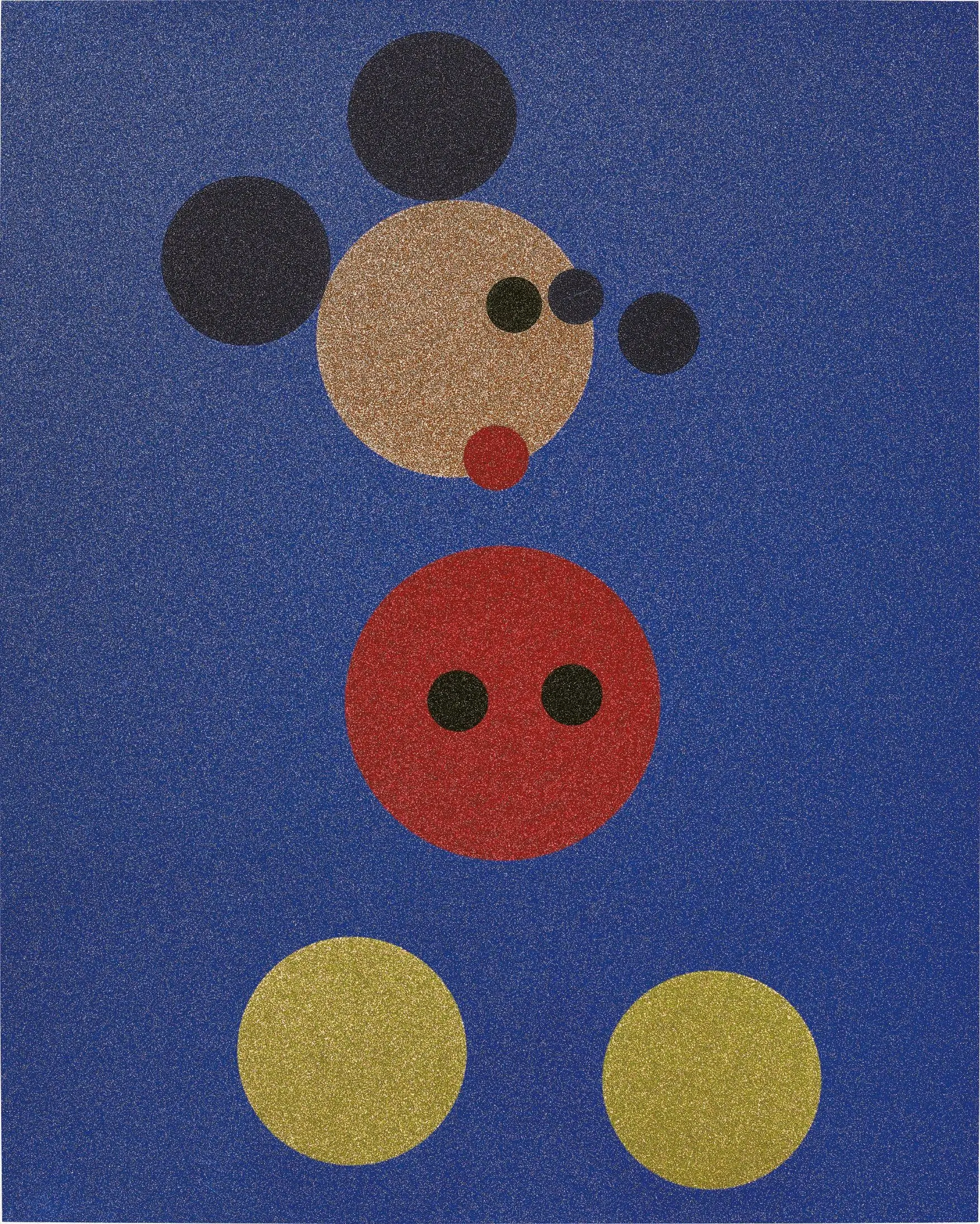 Damien Hirst's Mickey (Blue Glitter) screenprint featuring glitter-covered geometric circles on a deep blue background.
