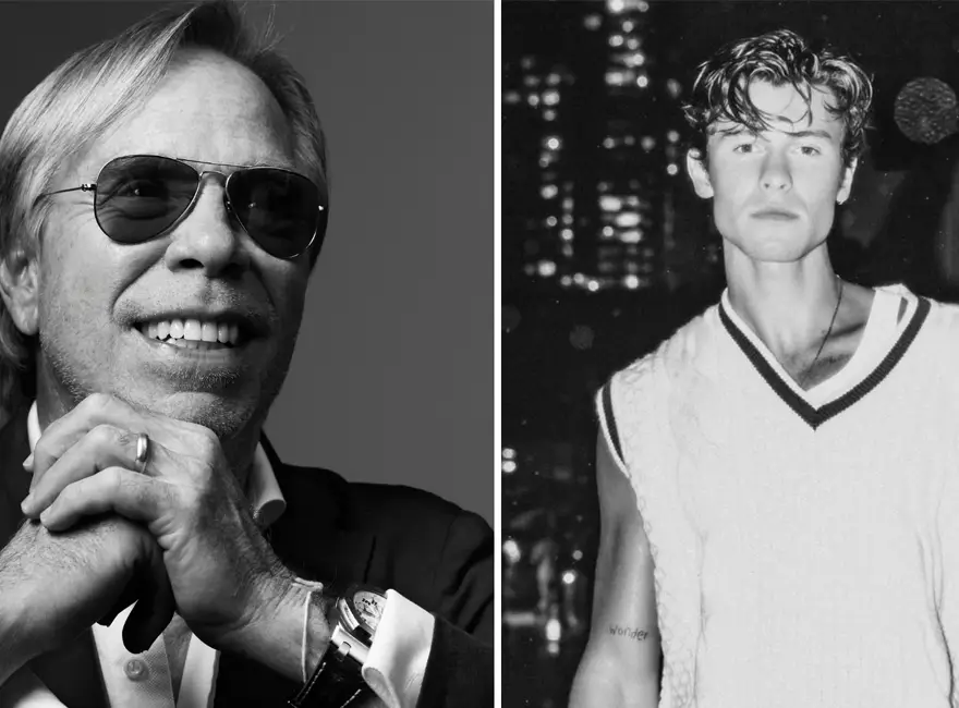 Black-and-white split portrait featuring Tommy Hilfiger alongside a young model, highlighting the designer's legacy and enduring influence on fashion across generations.