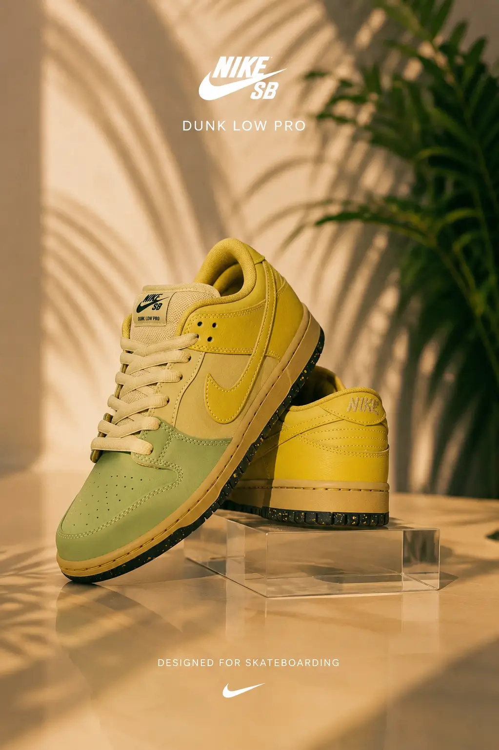 Nike SB Dunk Low Pro shoes in a green-to-yellow gradient colorway, displayed on a clear acrylic stand in warm sunlight.