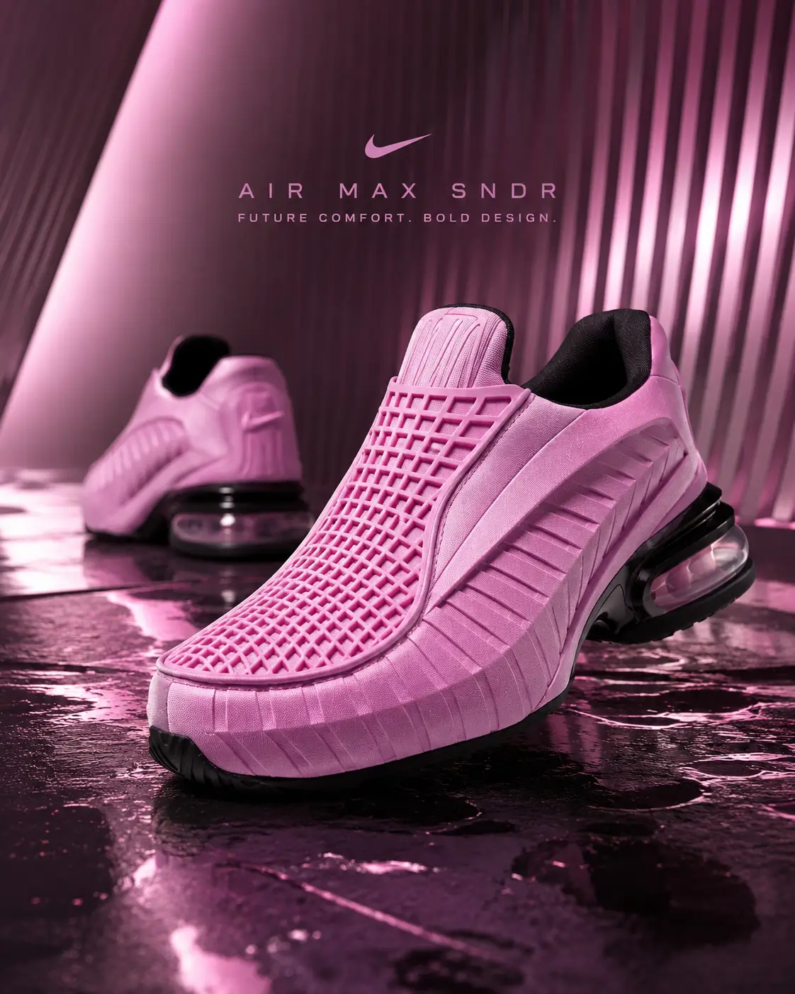 Editorial promotional image of the Nike Air Max SNDR in Light Magenta, showcased on a reflective floor inside a futuristic pink-lit environment with metallic architectural panels, emphasizing the slip-on silhouette, lattice-textured upper, and oversized visible Air cushioning.
