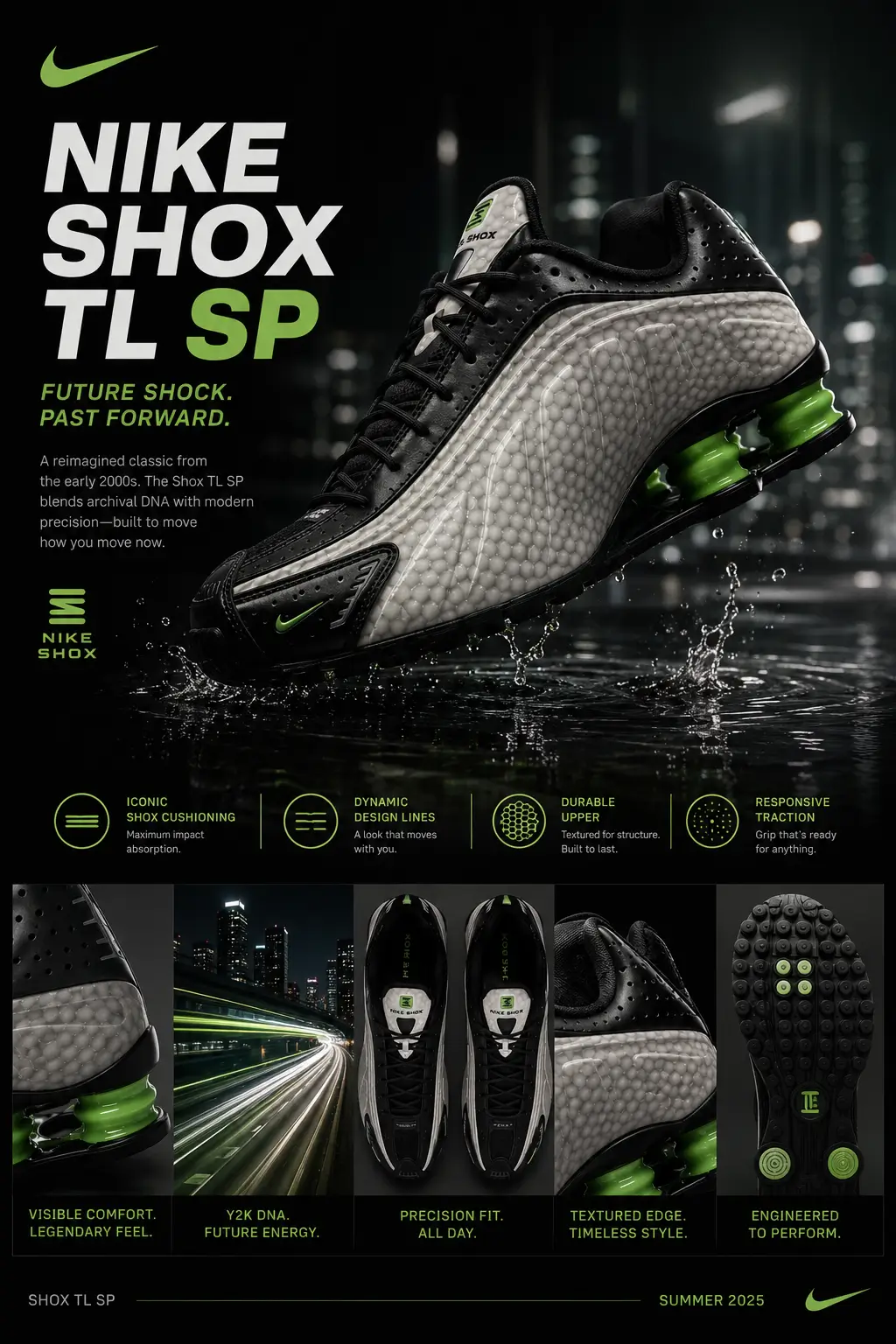 Editorial-style promotional graphic for the Nike Shox TL SP, featuring the sneaker in a black and silver colorway with neon green Shox columns, technical detail panels, and a night city backdrop.