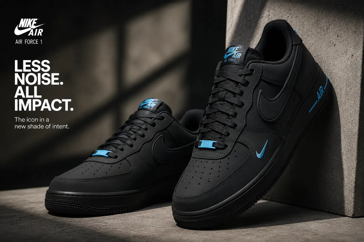 Promotional image of the Nike Air Force 1 '07 Low Anthracite Football Blue. Two pairs of the sneakers are displayed against a textured concrete backdrop, featuring matte anthracite leather uppers with vivid Football Blue accents on the mini Swoosh, tongue branding, lace dubrae, heel logo, and Air midsole branding. Bold campaign text reading 'Less Noise. All Impact.' appears alongside the Nike Air Force 1 logo, emphasizing the understated colorway and iconic silhouette.