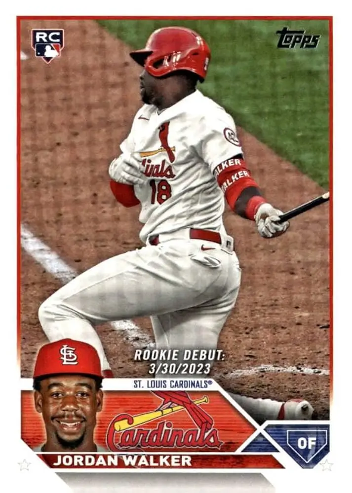 Jordan Walker Topps Rookie Debut baseball card featuring the St. Louis Cardinals outfielder in action during his March 30, 2023 MLB debut, with a portrait inset, Cardinals branding, and rookie card logo.