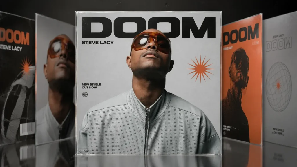 Editorial-style promotional artwork for Steve Lacy's "DOOM" single, featuring a central portrait of the artist in oversized amber-tinted sunglasses and a light gray perforated zip-up jacket, surrounded by multiple stylized album covers in a Cover Flow-inspired display with bold black typography and orange graphic accent