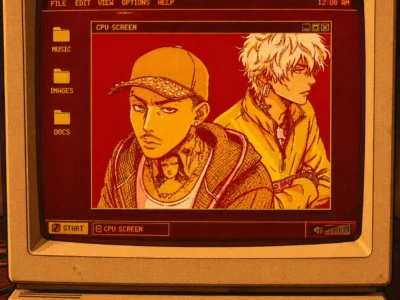 Retro CRT computer displaying a pixel art desktop interface with an anime-inspired show in warm amber and red tone