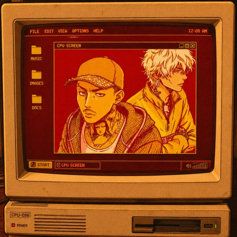 Retro CRT computer displaying a pixel art desktop interface with an anime-inspired show in warm amber and red tone