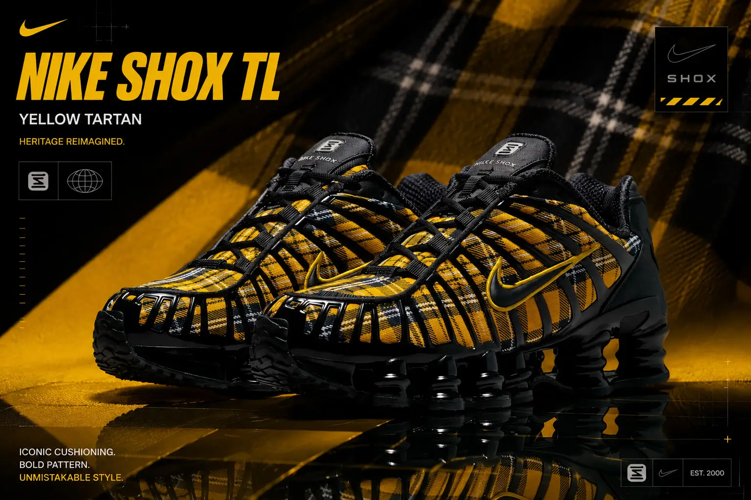 Promotional artwork showcasing the Nike Shox TL 'Yellow Tartan' against a dramatic black-and-gold plaid backdrop, highlighting the sneaker's tartan textile upper, black TPU cage, glossy Shox cushioning, and bold performance-inspired styling.