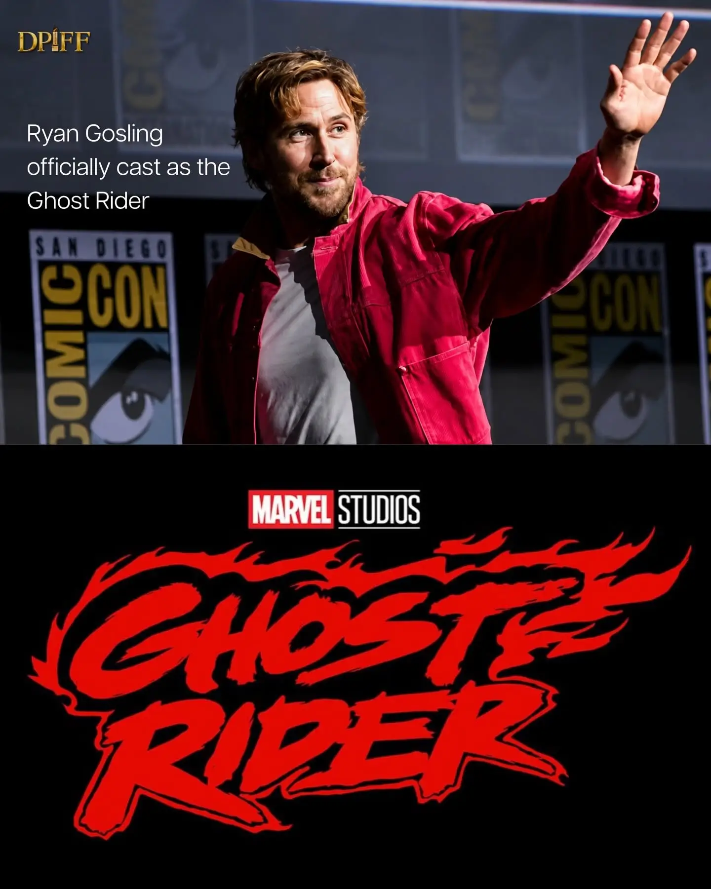 Ryan Gosling waves to fans during a San Diego Comic-Con appearance while wearing a red jacket over a white T-shirt. The composite graphic places him above a stylized Marvel Studios Ghost Rider logo and includes overlaid text claiming he has been officially cast as Ghost Rider.
