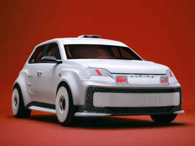 Front three-quarter view of the silver Alpine A290 Rallye concept, featuring illuminated Lacoste crocodile grille badge, Alpine "A" emblem, rally bodywork, and white aerodynamic wheel
