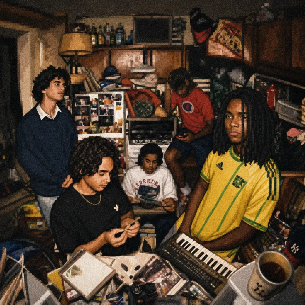 Grainy retro-style photo of WHATMORE gathered in a cluttered apartment, with one holding a small keyboard in a cozy, nostalgic living space