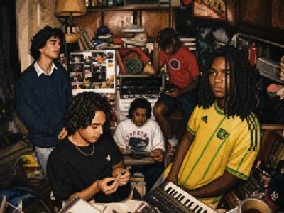 Grainy retro-style photo of WHATMORE gathered in a cluttered apartment, with one holding a small keyboard in a cozy, nostalgic living space