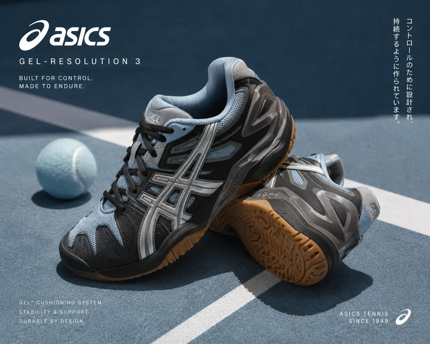 ASICS GEL-RESOLUTION 3 tennis shoes displayed on a blue hard court beside a tennis ball, with one shoe standing upright to showcase the silver Tiger Stripes, light blue mesh upper, and gum outsole under dramatic studio lighting.