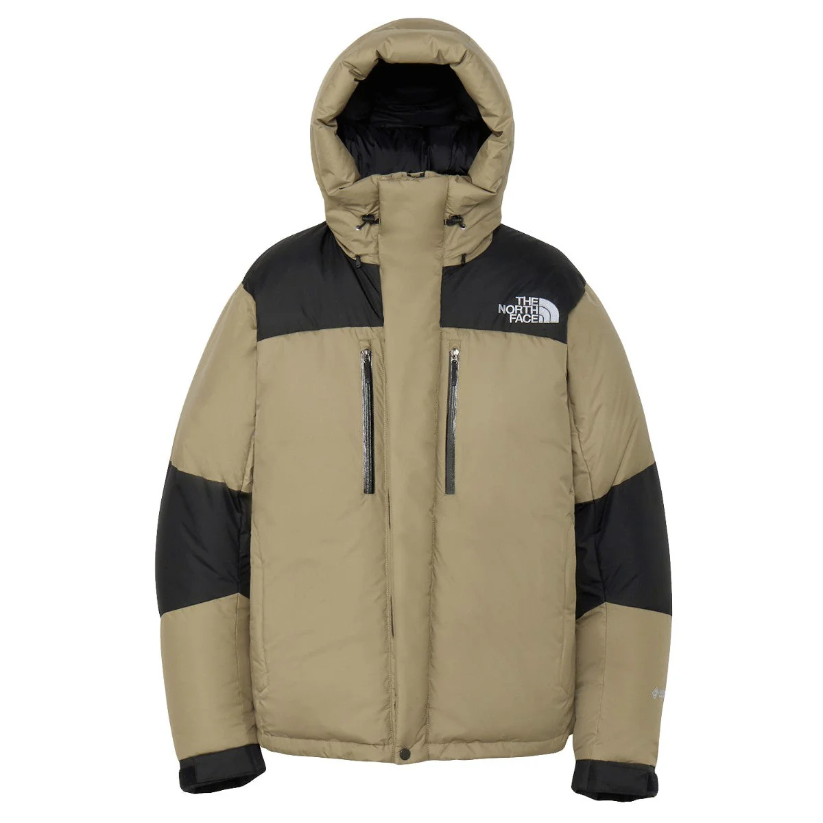 Front view of the 2026 The North Face Baltro Light Jacket in a khaki and black colorway, featuring a fully insulated hood, high storm collar, two vertical zip chest pockets, concealed front closure, adjustable cuffs, and signature The North Face logo on the upper chest.