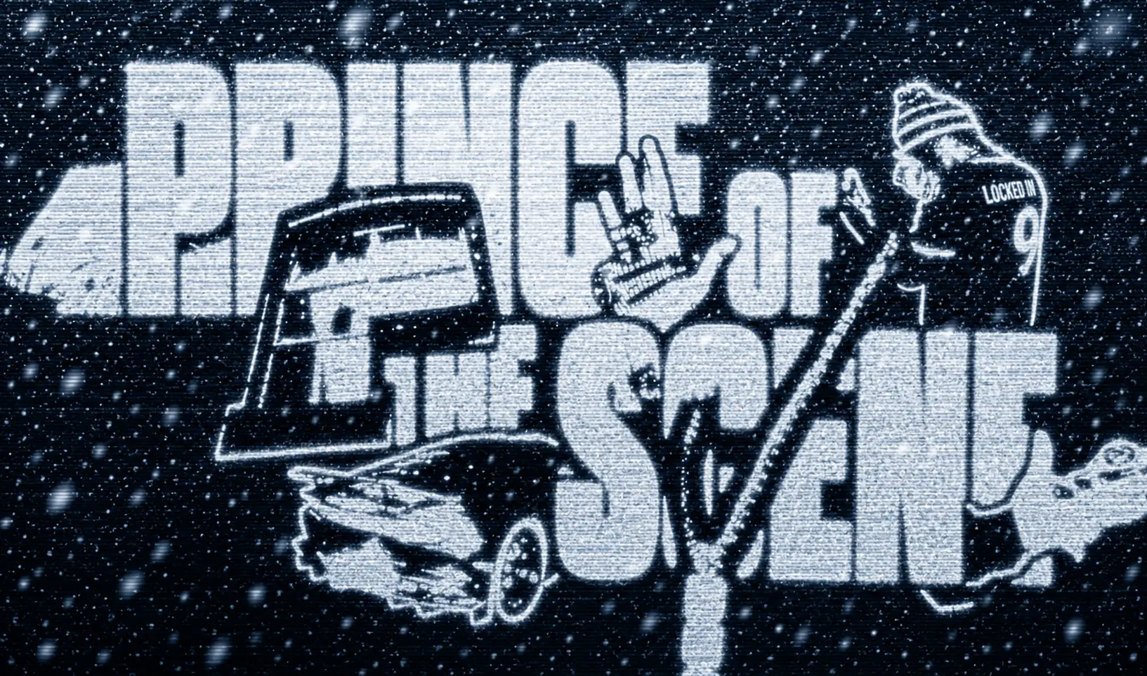 Black-and-white, snow-covered graphic composition featuring the bold phrase '4PURE OF THE SCENE,' a damaged car, a robotic hand making a peace sign, a bundled figure in a winter beanie wearing a 'LOCKED IN' number 9 jersey, and a small ghost illustration, all rendered with a retro CRT screen effect.