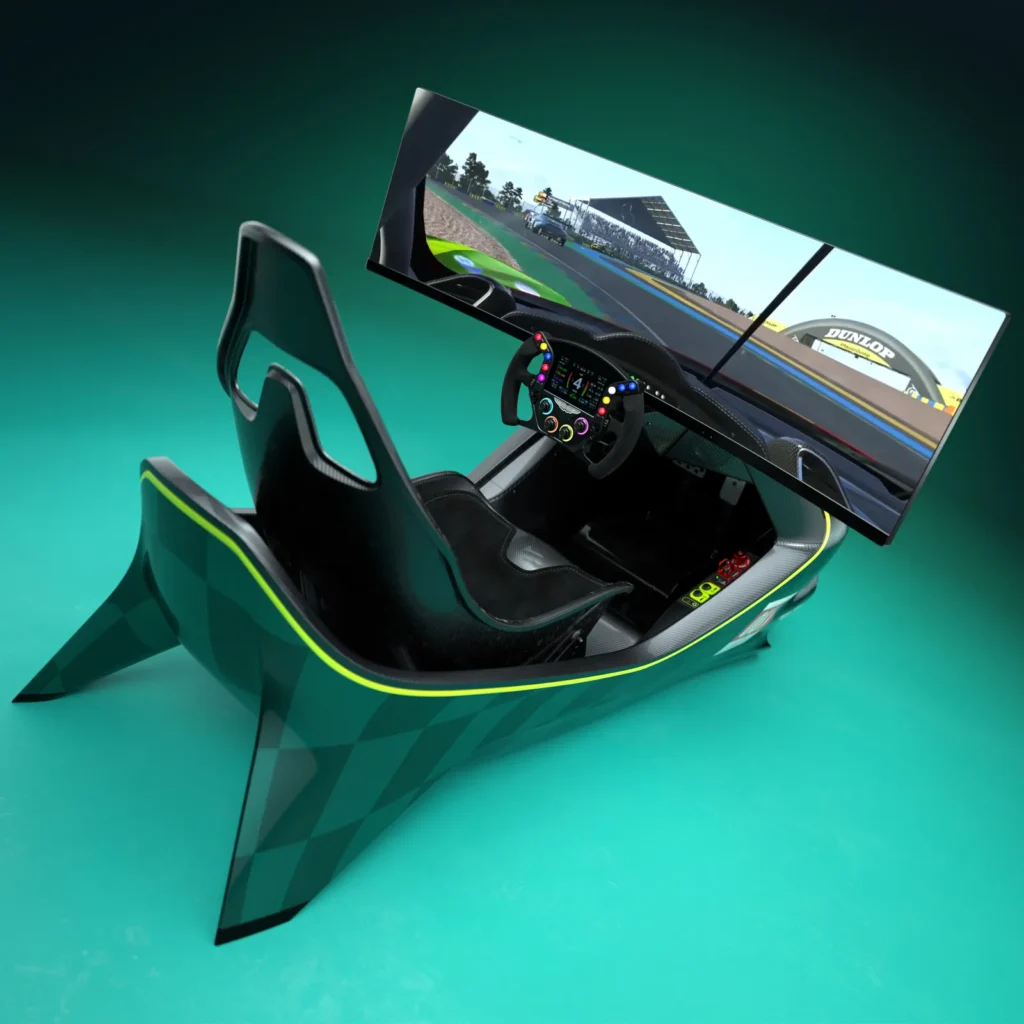 Aston Martin-inspired racing simulator cockpit in British racing green with a sculpted carbon-fiber-style shell, integrated bucket seat, Formula-style steering wheel with colorful controls, curved ultrawide monitor, and immersive racing display
