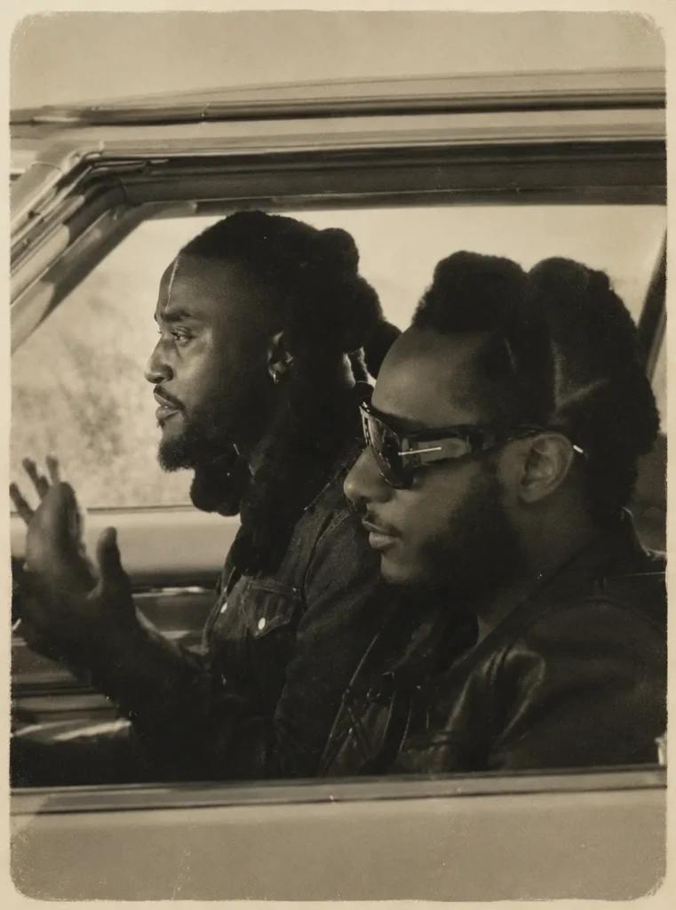 Vintage-inspired 1970s monochrome portrait of Shaboozey and Leon Bridges seated inside a classic car, viewed through the open window. The driver gestures while speaking, and the passenger wears oversized sunglasses and a leather jacket. The image features a soft off-white sepia tone, heavy film grain, faded contrast, and worn photo border