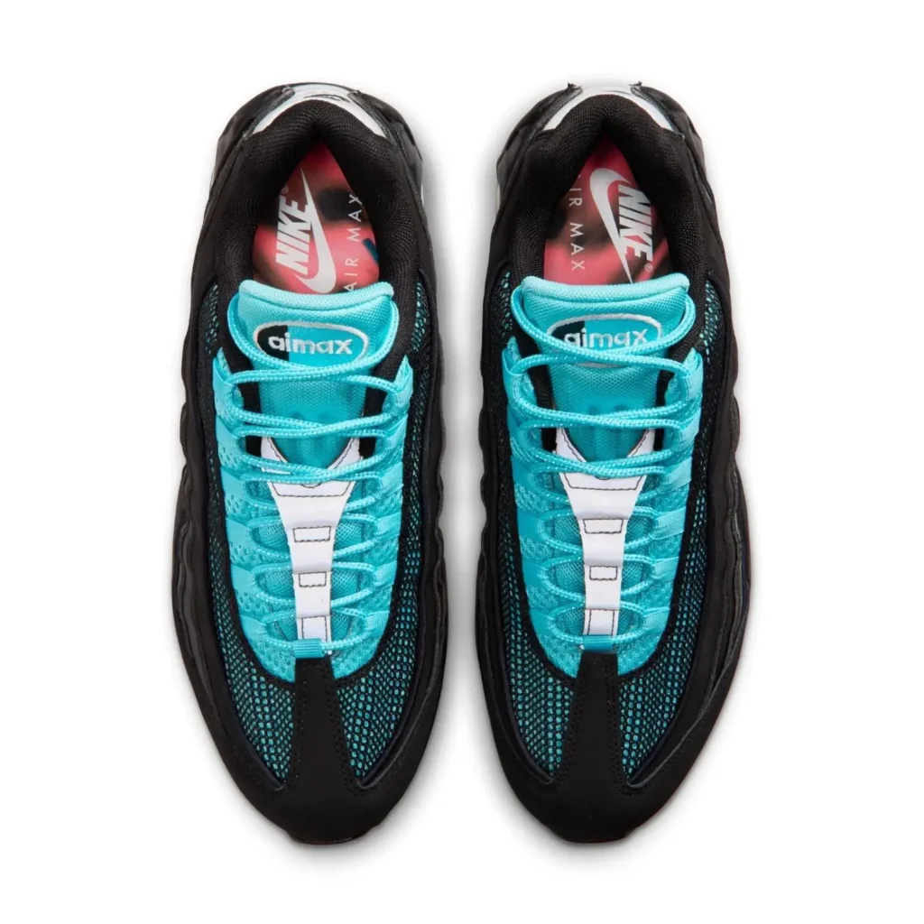 Top-down view of a pair of Nike Air Max 95 shoe featuring bright aqua mesh tongues, matching laces, black layered uppers, and red Nike Air Max insoles against a clean white background