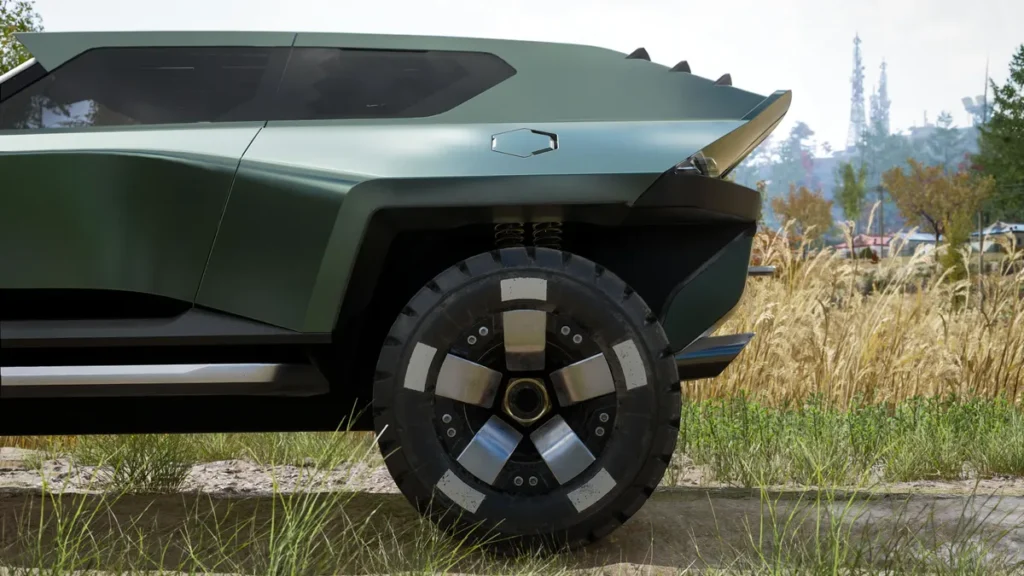 Side profile close-up of the Aston Martin pickup concept, highlighting the sculpted matte green bodywork, sharply flared rear wheel arch, oversized off-road tire with geometric alloy wheel, exposed rear suspension springs, angular rear overhang, and flush hexagonal fuel cap against a grassy outdoor landscape