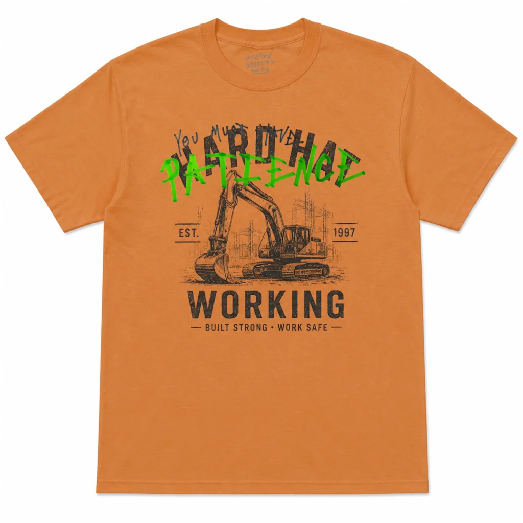 Orange graphic Tee featuring a vintage excavator illustration with distressed "WORKING" typography, overlaid by a handwritten "You Must Have PATIENCE" graffiti design in black and bright green