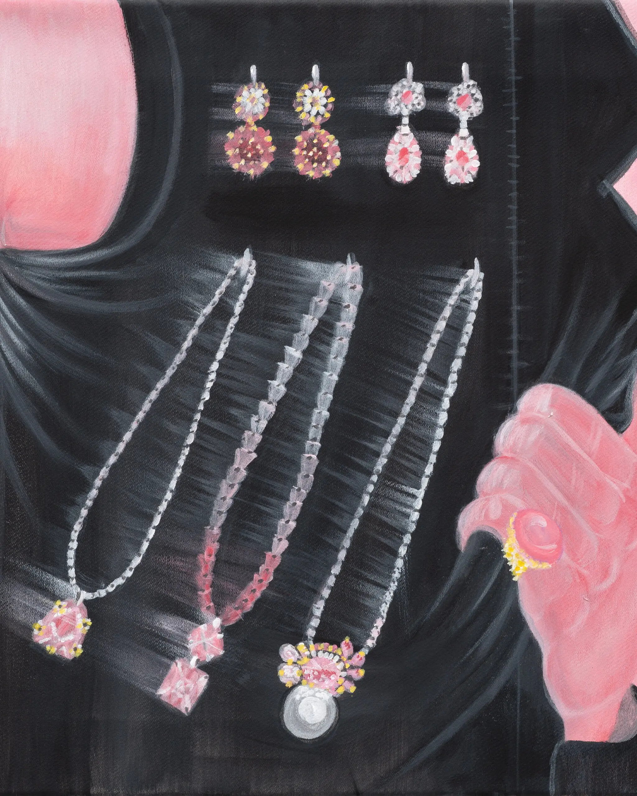 A contemporary painting of luxury jewelry arranged on black fabric, featuring diamond earrings, gemstone necklaces, and a pearl pendant alongside a hand wearing a pink gemstone ring. Soft pink, black, white, and gray tones give the composition a dreamlike, editorial quality.